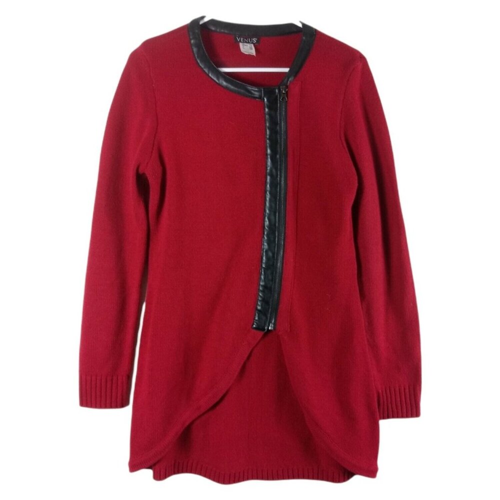 Red Venus Zipper Front Cardigan With Faux Leather Trim Womens Medium Edgy Chic